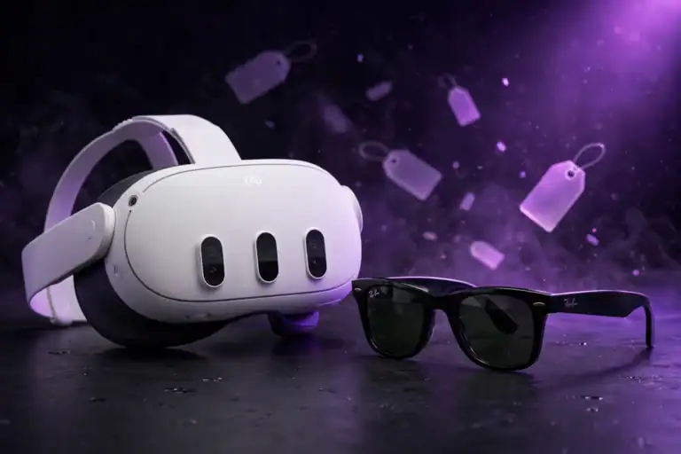 Meta Quest 3 and Ray-Ban Meta smart glasses with price tags on a purple background